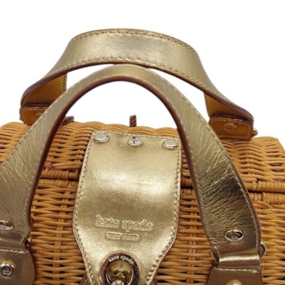 Vintage Kate Spade Woven Barrel Handbag - Gold And Tan - Picture 5 of 7